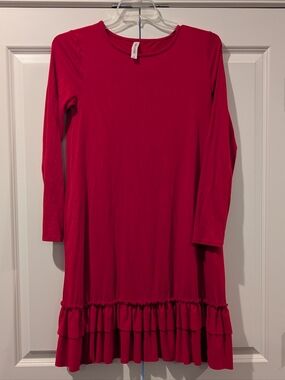 Red Ruffle-Hem Long Sleeve Dress